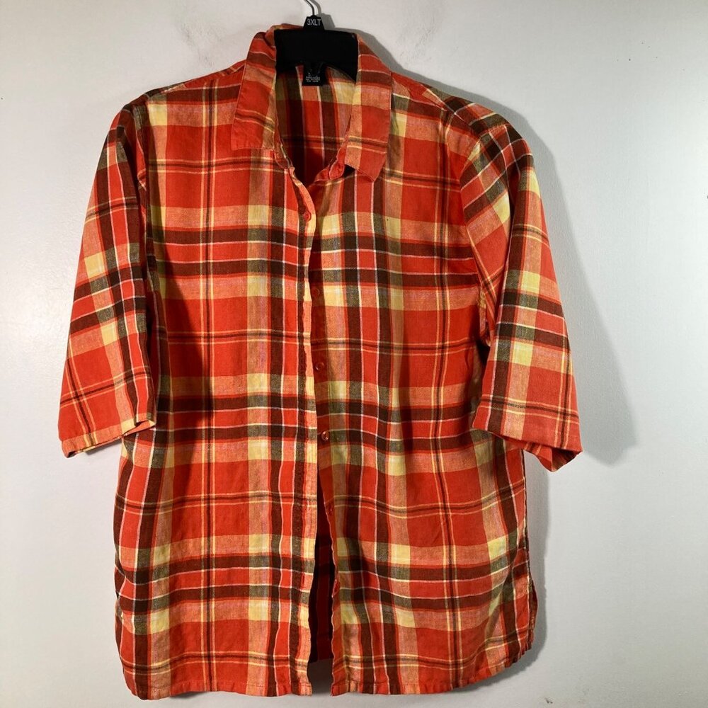 Womens Goodclothes Plaid Linen Button‎ Shirt 1/2 Sleeve Orange Black XL Linen